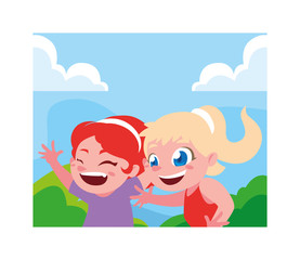 Girls cartoons playing outside vector design