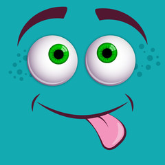 Colorful Smiling Cartoon Face Funny Blue  Eyes with Smiley expression. Cute monster. Vector Isolated illustration on blue background. 