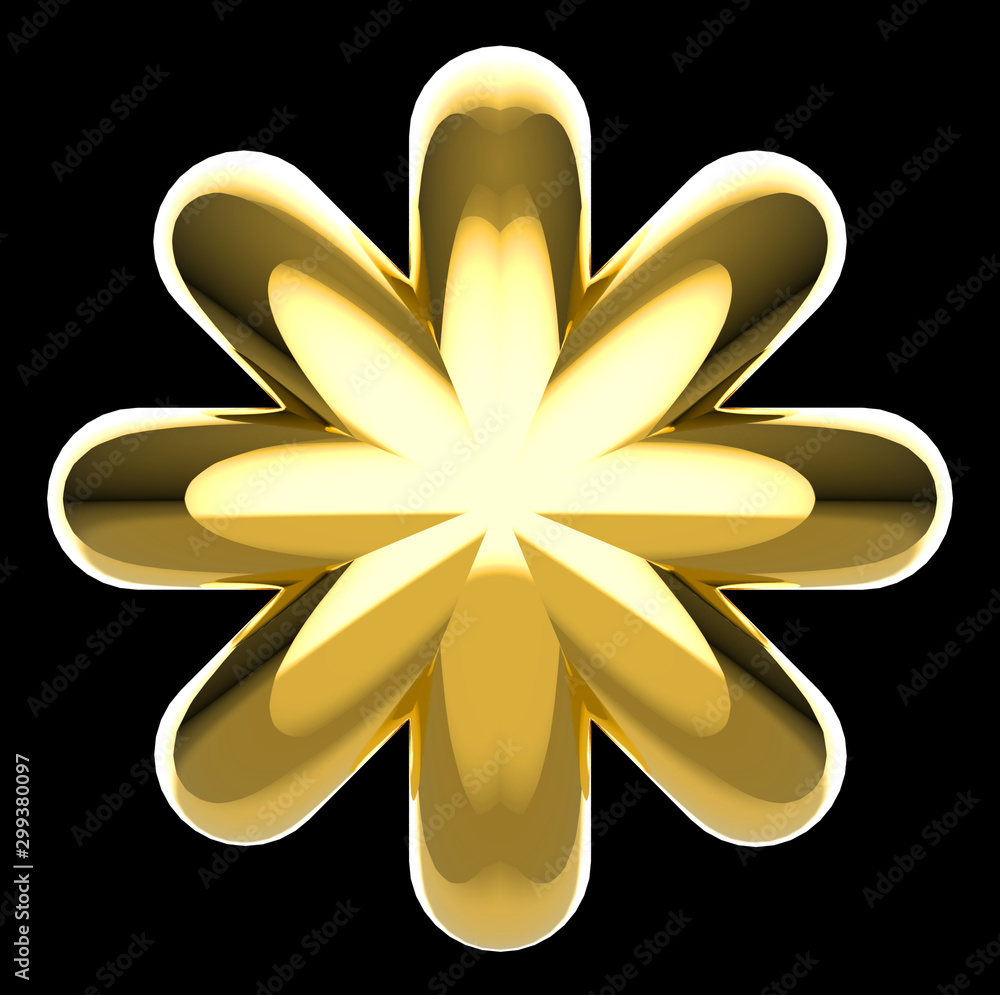 Poster 3d rendering. gloden six pointed star with clipping path isolated on black background.