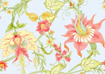 Foto op Plexiglas Fantasy flowers in retro, vintage, jacobean embroidery style. Seamless pattern, background. Colored vector illustration © Elen  Lane