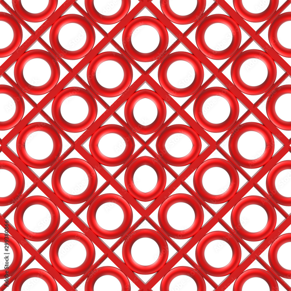 Poster 3d rendering.red circular metal pattern structure on white wall background.