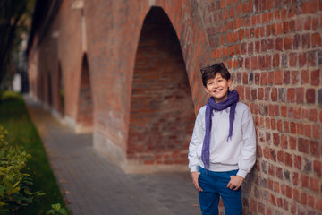 Fototapeta premium portrait of a cute boy on the background of the autumn city
