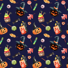 Watercolor Hhalloween seamless pattern with hand painted spooky carved pumpkin heads and creepy holiday treats and candies on dark blue background. Cartoon Jack o'lantern, candles, candy