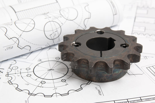 engineering drawings of industrial parts and mechanisms and driving sprockets