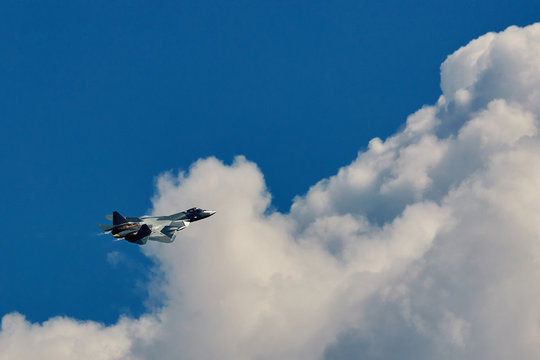 Fighter Su-57 (Sukhoi T-50 PAK-FA) fifth generation airplane performing demonstration flight during MAKS-2017 airshow at Zhukovsky,Ramenskoe airport.  JULY 18, 2017. ZHUKOVSKY, MOSCOW REGION, RUSSIA