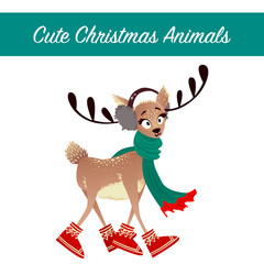 Cute Merry Christmas Animal illustration. Festive unique cold holidays theme. Colorful deer wearing warm winter clothes: warm headphones, scarf and boots. Handdrawn vintage vector Xmas cartoon drawing