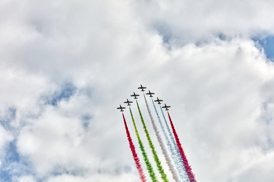 Aerobatic Team Al Fursan (Fursan Al Emarat) performs the show with Aermacchi MB-339 aircraft at MAKS-2017 Salon. ZHUKOVSKY, RUSSIA - JULY19