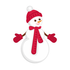 Cute snowman in red hat, scarf and mittens Isolated on white background. Vector winter illustration of funny character in simple cartoon flat style.