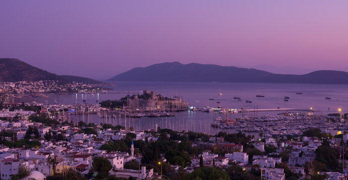 Panoramic View Of Bodrum Bay And Bodrum Castle From Hill At Evening