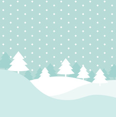 Winter hills scene with xmas fir trees and geometric snow vector background, elegant flat cartoon christmas postcard or decoration backdrop for copy space text, snowfall season forest poster image