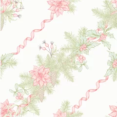 Selbstklebende Fototapeten Christmas wreath of spruce, pine, poinsettia. Seamless pattern, background. Graphic drawing engraving style. Vector illustration © Elen  Lane