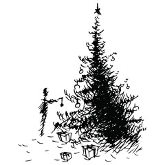 Hand drawn Christmas tree on white background. Merry Christmas. New Year. Template for greeting card, postcard.