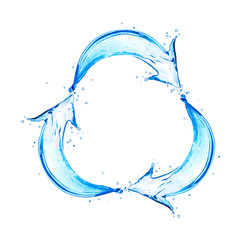 Curved arrows made of water splashes in a circular motion, isolated on a white background
