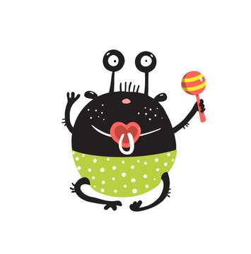 Funny round alien baby monster character sitting with rattle wearing green diaper.