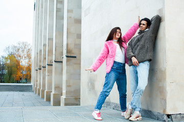 young happy students teenagers at university building on stairs, lifestyle people concept boy and girl