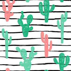 Hand drawn cute kids abstract seamless pattern with cactus, stripes. Rustic, boho simple colorful background. Cartoon illustration