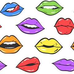 Beauty, makeup, cosmetic fashion seamless pattern. Vector red pink color doodle lips patches in pop art 80s-90s style. Woman's sexy emotions mouth.