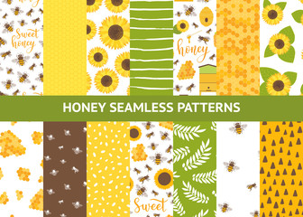 Stoffe zum Nähen Vector seamless pattern with bee, honeycomb, honey, jar, sunflower. Sweet honey background for beekeeping products.