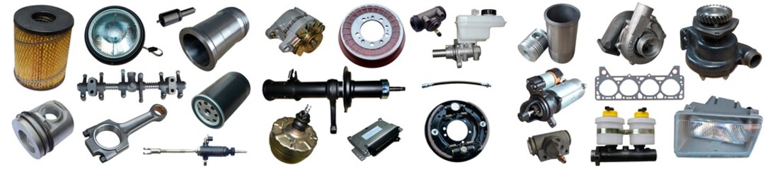 Lot of new auto spare parts. Set with many isolated items for shop or aftermarket.