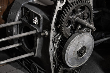 Old disassembled boxer engine. Retro Dnepr motorcycle engine.