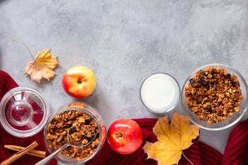 Autumn apple granola breakfast with spices and milk