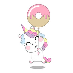 Unicorn cartoon with holding donut balloon, baby animal, Kawaii Character pony cartoon, nursery decoration, perfect for kid's greeting card design and Print for t-shirt. Vector illustration.