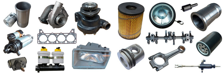 Lot of new auto spare parts. Set with many isolated items for shop or aftermarket.