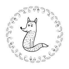 Cute doodle autumn mandala with leaves, mushrooms and fox on white background. Hand drawn vector illustration for coloring page and artbooks for adults and kids.