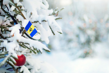 Christmas Barbados. Christmas tree covered with snow and a flag. Winter background scene outdoor....