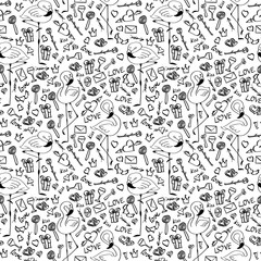 Seamless pattern with valentines day doodles and flamingo on white background. Vector hand drawn illustration.