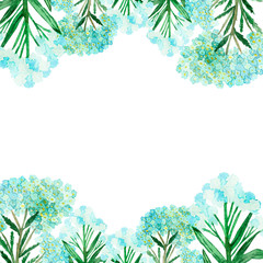 Watercolor hand painted nature romantic banner with blue flower yarrow and green branches and leaves composition on the white background for invitations and cards with the space for text