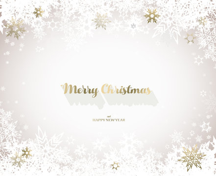 Merry Christmas vector illustration with many snowflakes on light background.