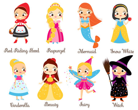 Cute fairy tales characters. Snow white, red riding hood, rapunzel, cinderella and other princess in cartoon style