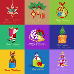 Christmas Icons And Elements Set - Isolated On Mosaic Background - Vector Illustration. Collection Of Flat Xmas Icons For Label,Sticker, Christmas Tree Icon And Logo. Modern Merry Christmas Typography