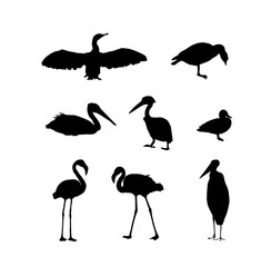Fototapeta premium Set of silhouettes of waterfowl - cormorant, duck, goose, flamingo, marabou