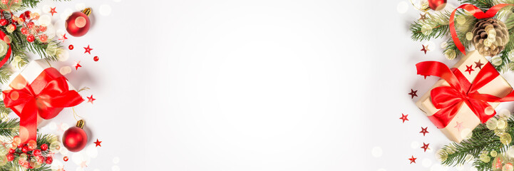 Christmas flat lay background with decorations on white.