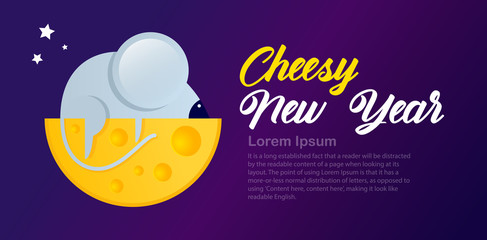 typographic banner Cheesy New Year. cartoon rat on the moon made of tasty cheese on a blue background. Template for card, greeting card, invitation. Holiday concept. Copy space. Vector illustration