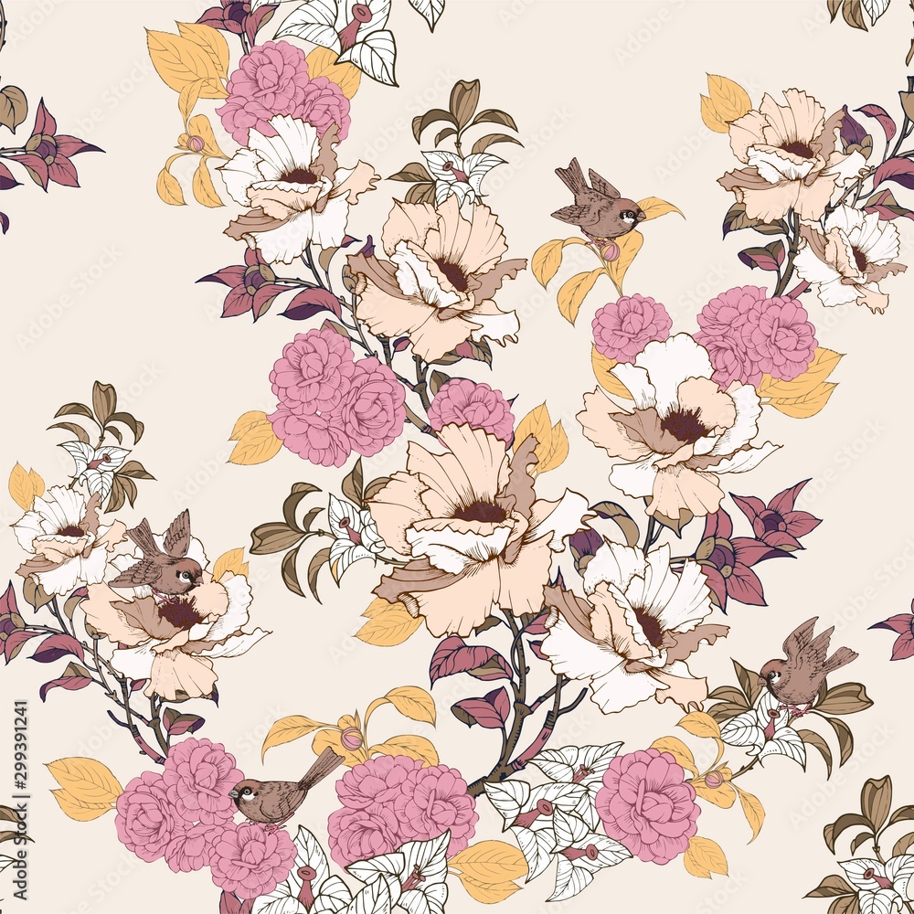 Poster seamless vector pattern with bush of peonies and roses