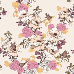 Seamless vector pattern with bush of peonies and roses 
