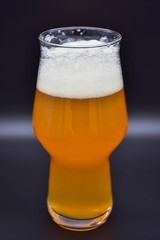 glass of beer on black background, filled glass, drink on black background