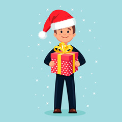 Happy business man with gift box and santa claus hat, cap. Merry christmas celebration. Present, package with ribbon, bow.  Vector cartoon design 