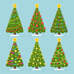 Set of decorated christmas tree with lights, star, decoration balls, gift boxes, lamps isolated on background. Merry xmas, happy new year concept. Vector cartoon design