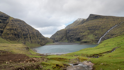 Fototapeta na wymiar Landscape and lake from Village of Saksun, Faroe Islands, Denmark