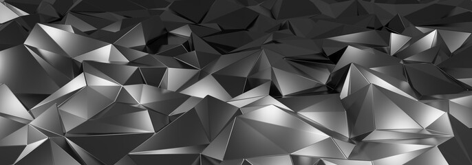 3d ILLUSTRATION, of dark grey abstract crystal background, triangular texture, wide panoramic for wallpaper