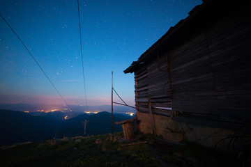 Old decrepit ski-lift station in the mountains at night, Chopok, Low Tatras, Slovakia