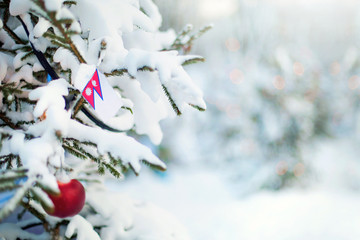 Christmas Nepal. Xmas tree covered with snow, decorations and Nepal flag. Snowy forest background...