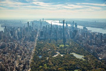 Aerial view to New York City Skyline from helicopter. - obrazy, fototapety, plakaty