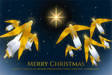 Christmas holiday background with angels. Holy night vector illustration. Night sky with Christmas star and starry sky (angels flight)