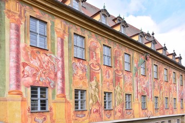 Bamberg, Germany - May 2019. Bamberg Town Hall Frescoes. Bamberg Altes Rathaus frescoes. Historical building in th old town (Bavaria, Franconia). View on famous tourist attraction in Bamberg. 