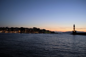 view of port at sunset